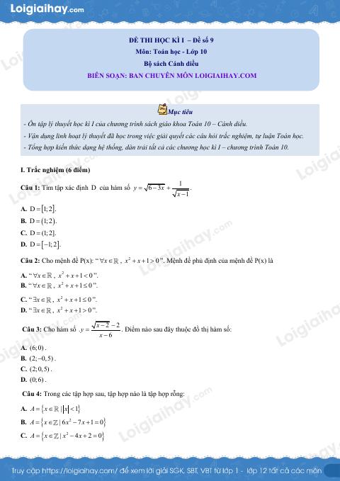 Đề thi học kì 1 Toán 10 Cánh diều - Đề số 9